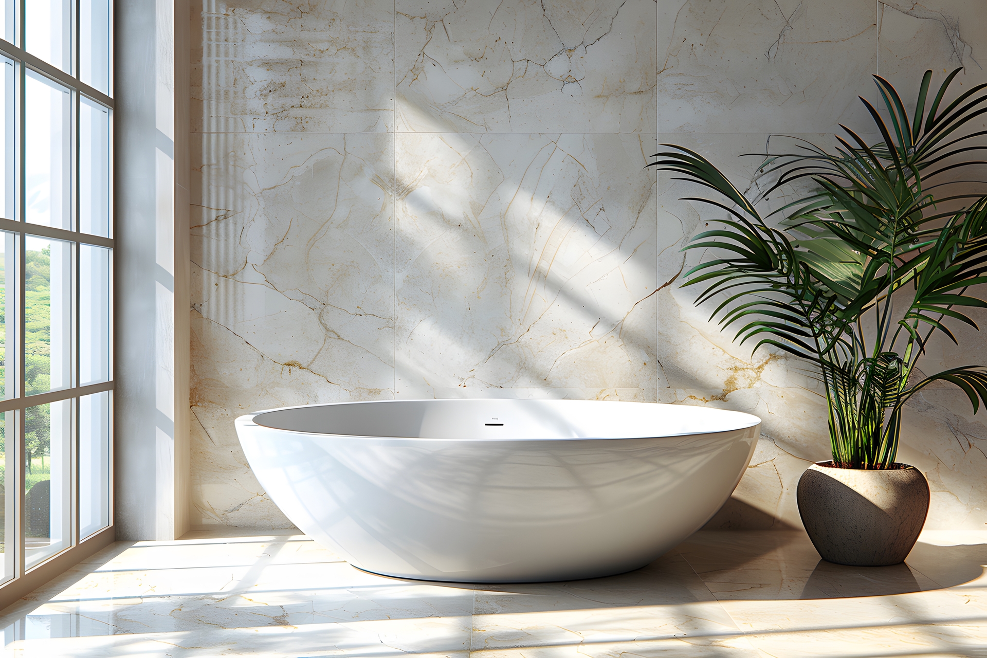 Sophisticated bathroom interior featuring a luxurious white freestanding bathtub on a glossy marble floor. sunlight streams through a large window, illuminating a potted palm, creating a serene and relaxing atmosphere. Generative AI
