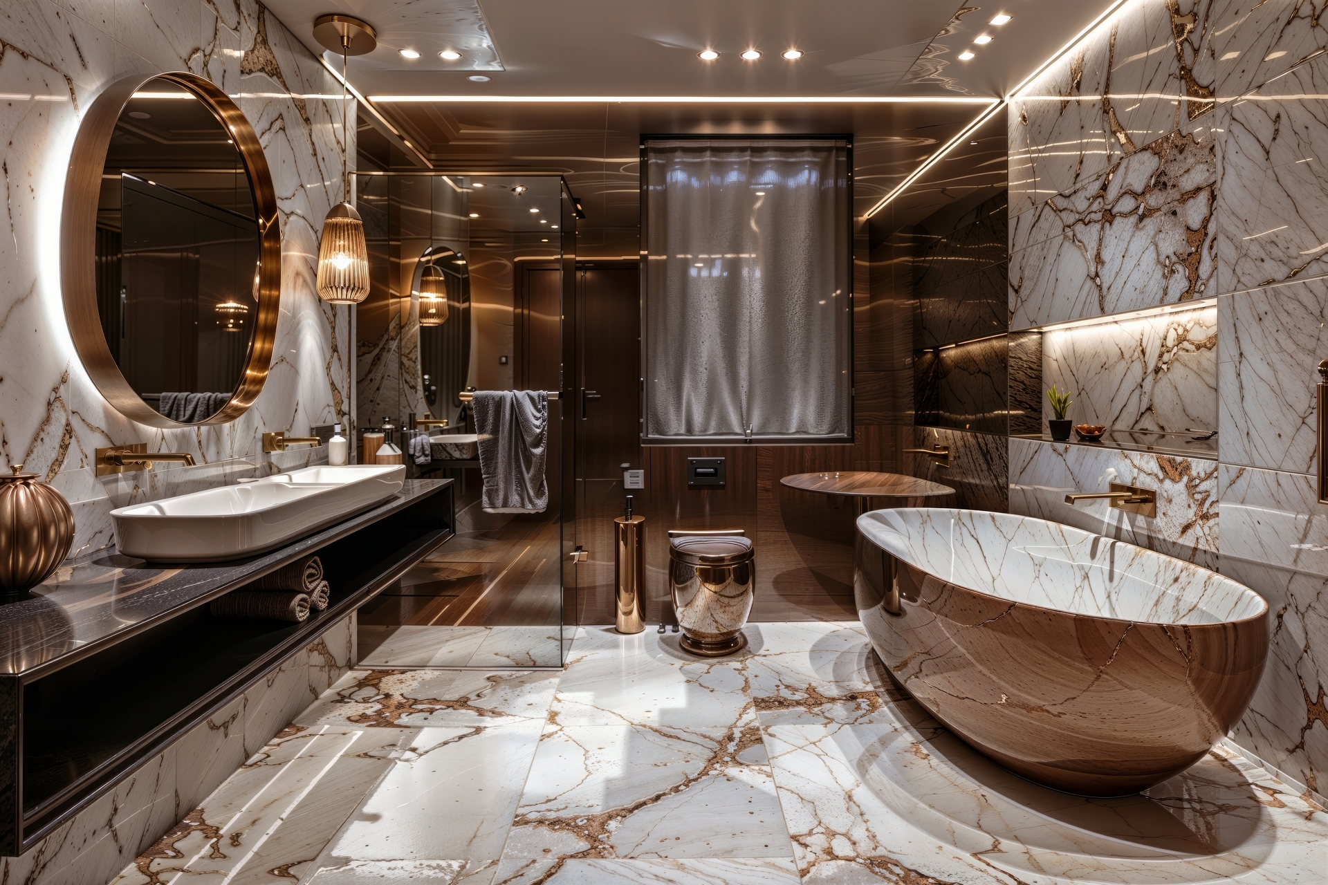 Elegant spacious bathroom with marble floor, freestanding tub, and gold fixtures
